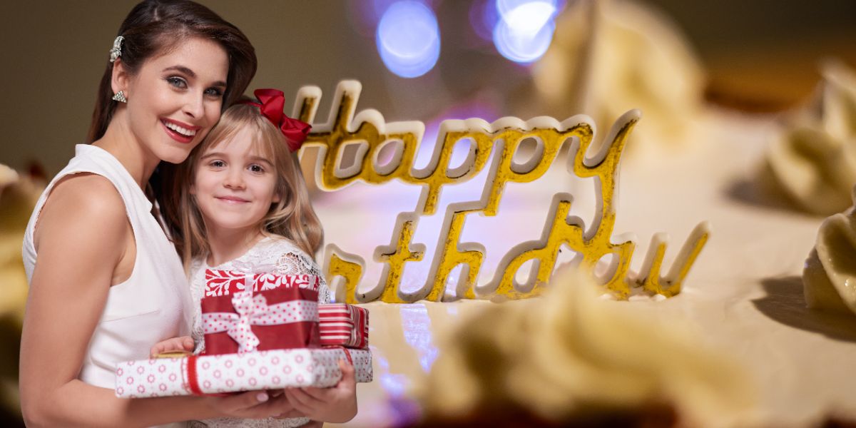a small daughter giving gift to her mother on her birthday