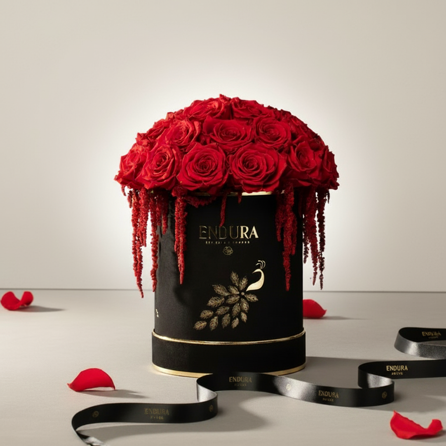 Bloom Box preserved roses in velvet-textured hat box